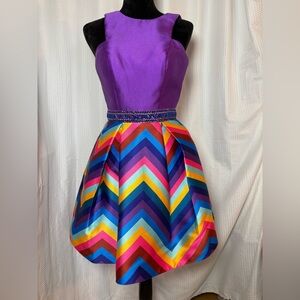 Mac Duggal Purple and Multicolor Chevron Dress